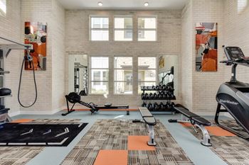 Fitness center with benches, free weights and rowing machine.